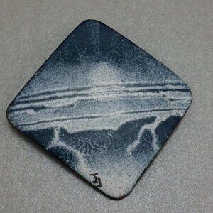 Vintage Enamel on Copper Sea Ocean Landscape Brooch Pin Signed Blue Abstract